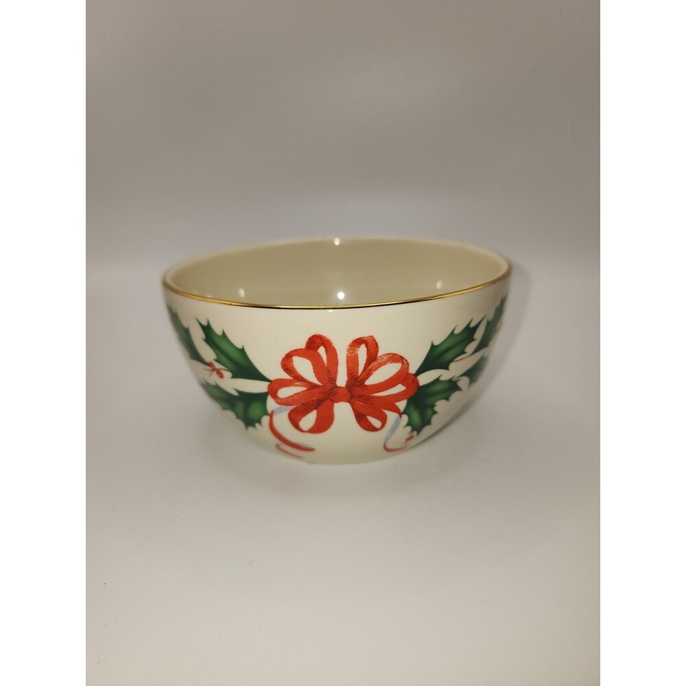 Lenox American By Design Holiday Bowl 16oz Holly & Red Ribbon Gold Rim